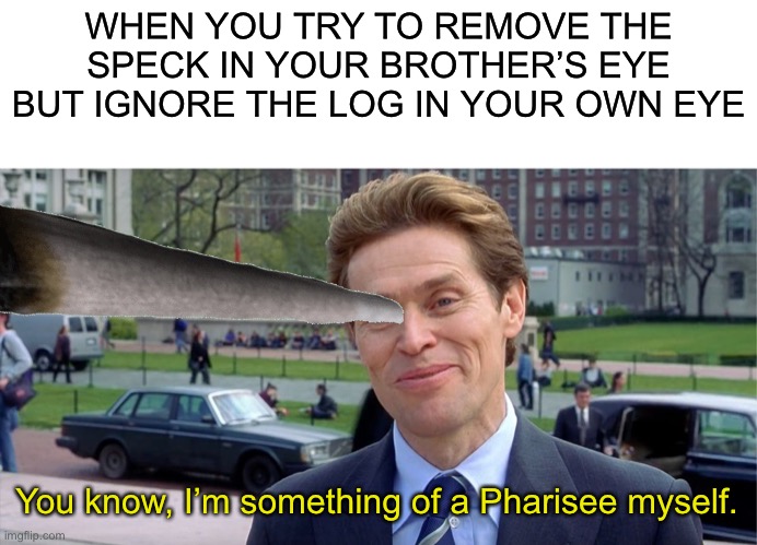 WHEN YOU TRY TO REMOVE THE SPECK IN YOUR BROTHER’S EYE BUT IGNORE THE LOG IN YOUR OWN EYE; You know, I’m something of a Pharisee myself. | image tagged in blank white template,you know i'm something of a scientist myself,jesus,bible,jesus christ,hypocrite | made w/ Imgflip meme maker