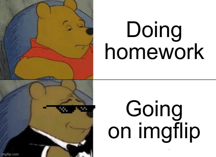 Tuxedo Winnie The Pooh | Doing homework; Going on imgflip | image tagged in memes,tuxedo winnie the pooh | made w/ Imgflip meme maker