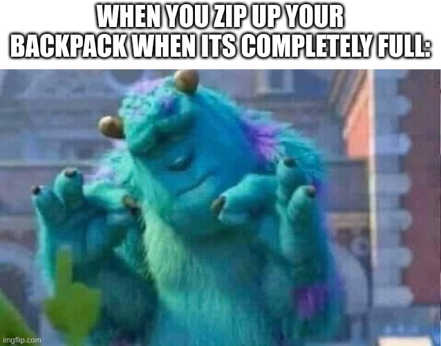 Sully shutdown | WHEN YOU ZIP UP YOUR BACKPACK WHEN ITS COMPLETELY FULL: | image tagged in sully shutdown | made w/ Imgflip meme maker