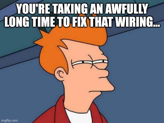 YOU'RE TAKING AN AWFULLY LONG TIME TO FIX THAT WIRING... | image tagged in memes,futurama fry | made w/ Imgflip meme maker