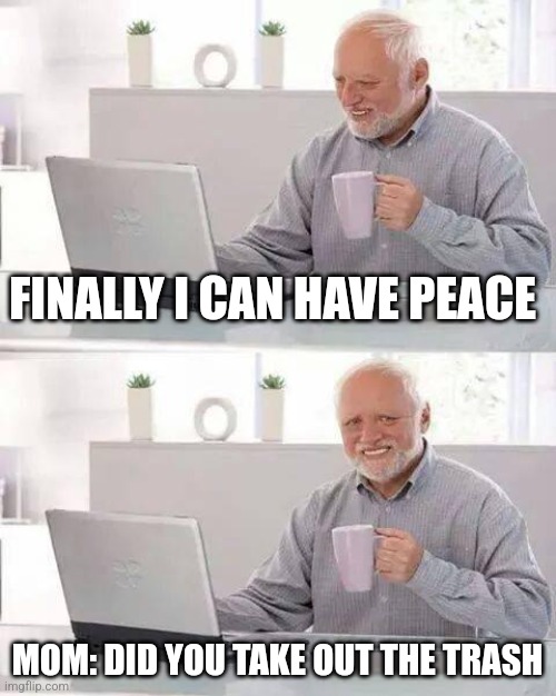 Who can relate? | FINALLY I CAN HAVE PEACE; MOM: DID YOU TAKE OUT THE TRASH | image tagged in memes,hide the pain harold | made w/ Imgflip meme maker