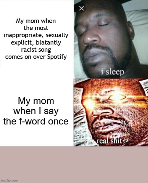 Sleeping Shaq | My mom when the most inappropriate, sexually explicit, blatantly racist song comes on over Spotify; My mom when I say the f-word once | image tagged in memes,sleeping shaq | made w/ Imgflip meme maker