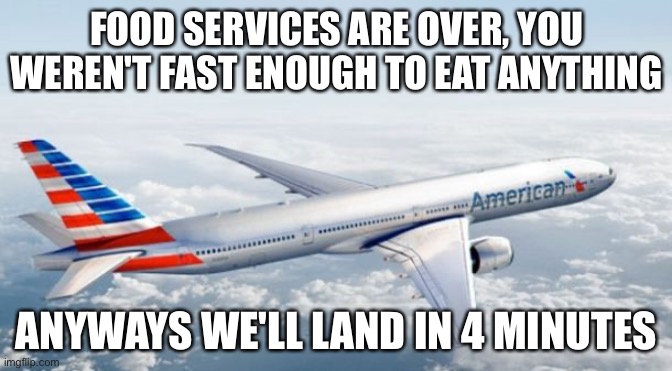 American Airlines Jet | FOOD SERVICES ARE OVER, YOU WEREN'T FAST ENOUGH TO EAT ANYTHING; ANYWAYS WE'LL LAND IN 4 MINUTES | image tagged in american airlines jet | made w/ Imgflip meme maker