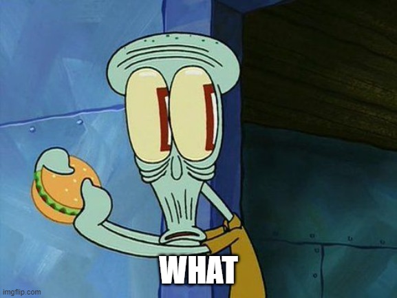 Oh shit Squidward | WHAT | image tagged in oh shit squidward | made w/ Imgflip meme maker