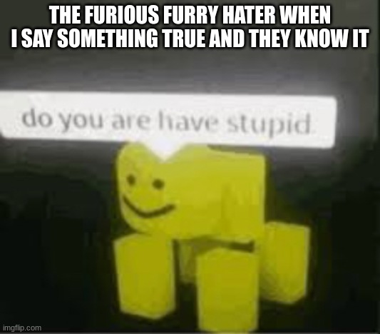 It's either that or "uhhhh goofy ahh quandale dingle skull emoji crap emoji nerd emoji" | THE FURIOUS FURRY HATER WHEN I SAY SOMETHING TRUE AND THEY KNOW IT | image tagged in do you are have stupid | made w/ Imgflip meme maker