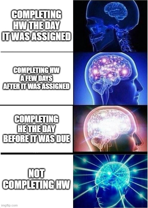 Homework be like | COMPLETING HW THE DAY IT WAS ASSIGNED; COMPLETING HW A FEW DAYS AFTER IT WAS ASSIGNED; COMPLETING HE THE DAY BEFORE IT WAS DUE; NOT COMPLETING HW | image tagged in memes,expanding brain | made w/ Imgflip meme maker