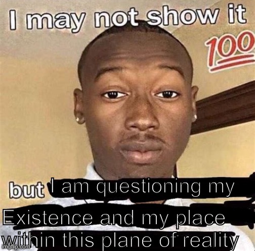 [redacted] | I am questioning my; Existence and my place within this plane of reality | image tagged in i may not show it but | made w/ Imgflip meme maker