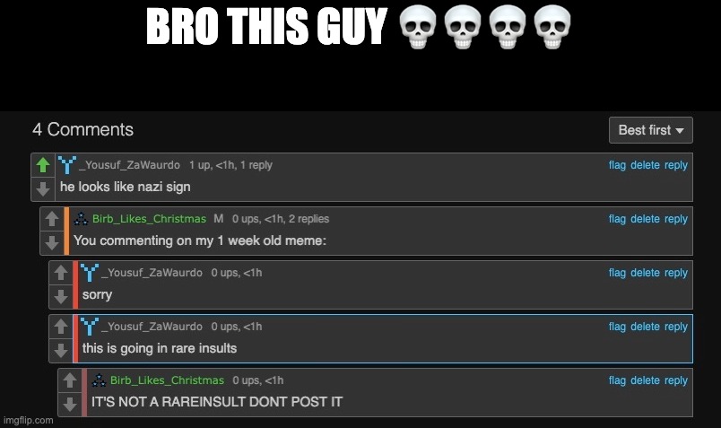 ''I'm posting this to rareinsults'' I'm a mod there and it's disapprovin time (starts disapprovin all over the place) | BRO THIS GUY 💀💀💀💀 | made w/ Imgflip meme maker
