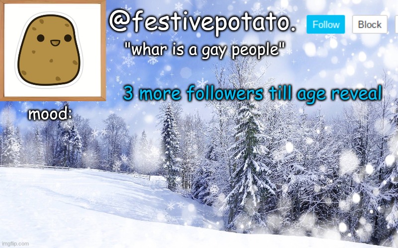 winter temp | 3 more followers till age reveal | image tagged in winter temp | made w/ Imgflip meme maker