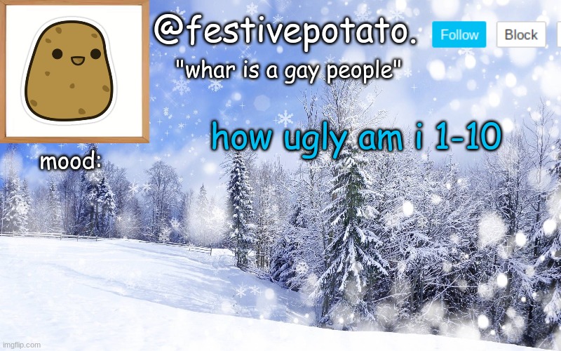 (based off my face reveal) | how ugly am i 1-10 | image tagged in winter temp | made w/ Imgflip meme maker