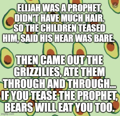 The newest follow the prophet verse | ELIJAH WAS A PROPHET, DIDN'T HAVE MUCH HAIR. SO THE CHILDREN TEASED HIM, SAID HIS HEAR WAS BARE. THEN CAME OUT THE GRIZZILIES, ATE THEM THROUGH AND THROUGH...
IF YOU TEASE THE PROPHET, BEARS WILL EAT YOU TOO. | image tagged in avocado backgrond | made w/ Imgflip meme maker