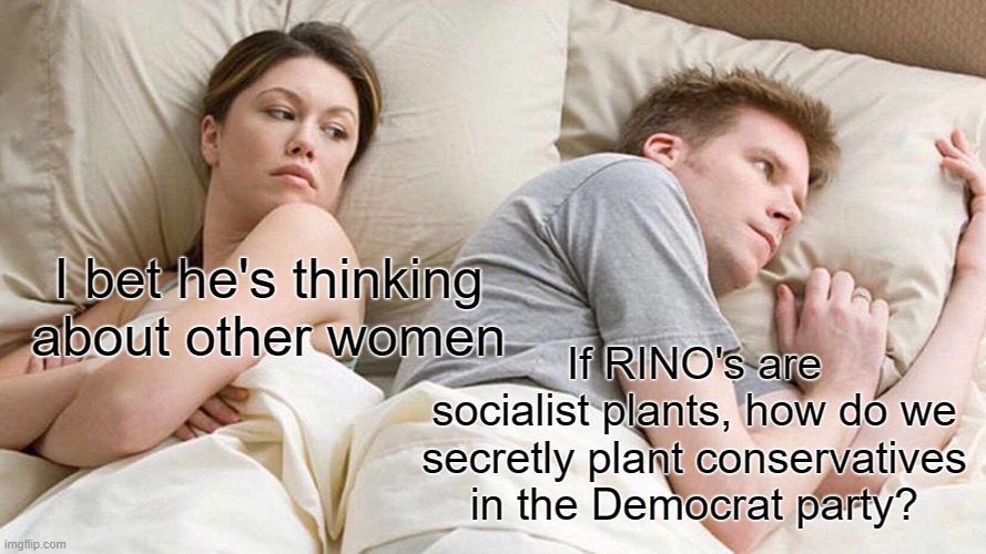 I bet he's thinking about ways to subvert the socialist movement. | I bet he's thinking about other women; If RINO's are socialist plants, how do we secretly plant conservatives in the Democrat party? | image tagged in memes,i bet he's thinking about other women | made w/ Imgflip meme maker
