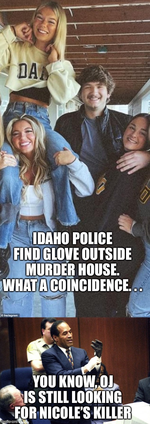 What a coincidence: a lone glove found outside a murder scene again | IDAHO POLICE FIND GLOVE OUTSIDE MURDER HOUSE. WHAT A COINCIDENCE. . . YOU KNOW, OJ IS STILL LOOKING FOR NICOLE’S KILLER | image tagged in oj simpson glove,moscow idaho,murder  house,glove | made w/ Imgflip meme maker
