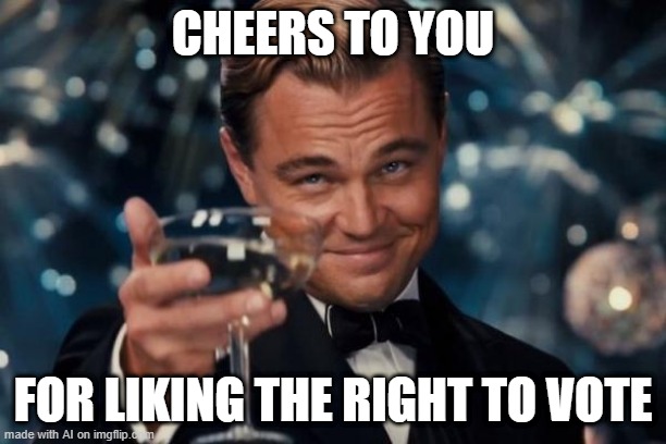 Leonardo Dicaprio Cheers | CHEERS TO YOU; FOR LIKING THE RIGHT TO VOTE | image tagged in memes,leonardo dicaprio cheers | made w/ Imgflip meme maker