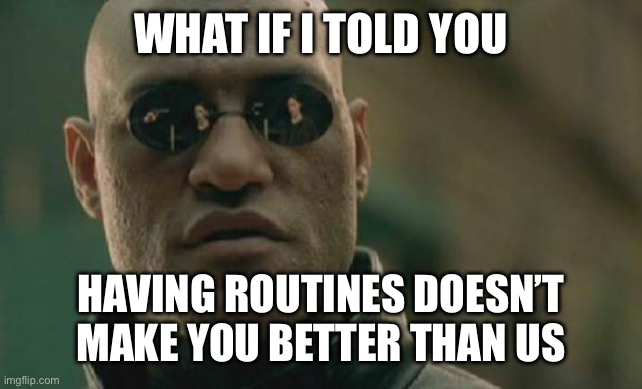 Matrix Morpheus | WHAT IF I TOLD YOU; HAVING ROUTINES DOESN’T MAKE YOU BETTER THAN US | image tagged in memes,matrix morpheus | made w/ Imgflip meme maker