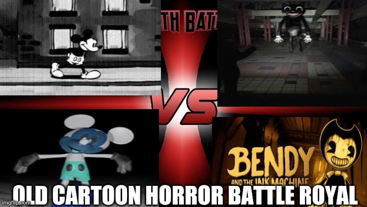 old cartoon horror battle royal | OLD CARTOON HORROR BATTLE ROYAL | image tagged in death battle 4 way | made w/ Imgflip meme maker