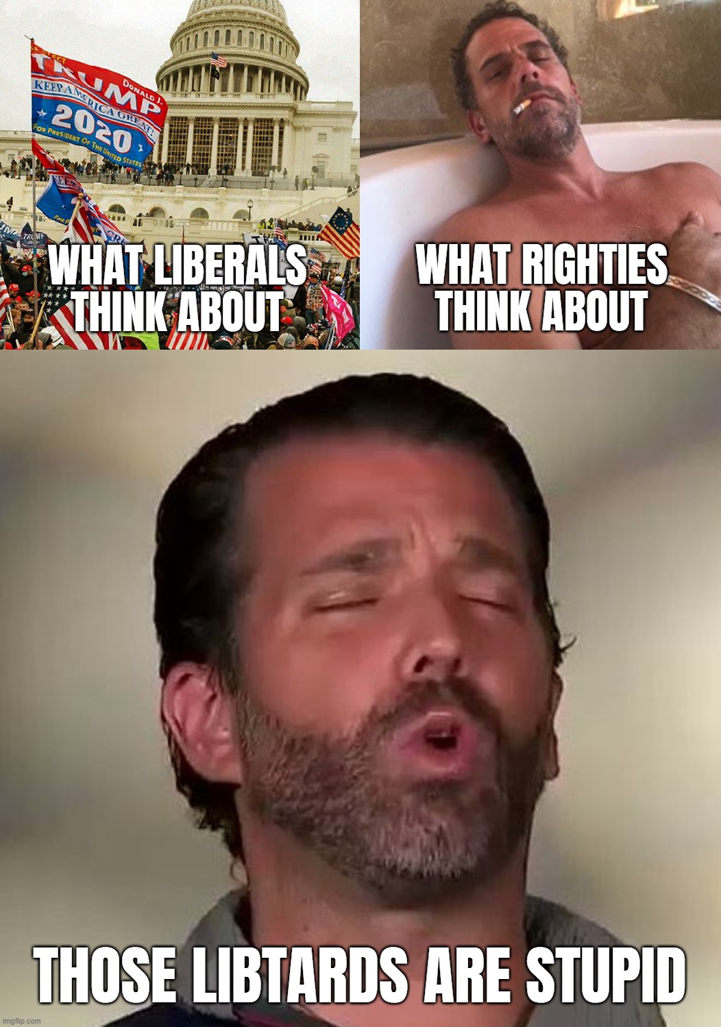 THINK ABOUT IT | WHAT LIBERALS THINK ABOUT; WHAT RIGHTIES THINK ABOUT; THOSE LIBTARDS ARE STUPID | image tagged in donald trump jr don jr cocaine,priorities,pathetic,propaganda,laptop,nothing burger | made w/ Imgflip meme maker