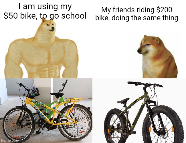 meme | My friends riding $200 bike, doing the same thing; I am using my $50 bike, to go school | image tagged in real life | made w/ Imgflip meme maker