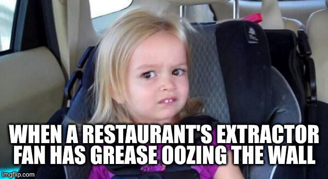 Greasy goo | WHEN A RESTAURANT'S EXTRACTOR FAN HAS GREASE OOZING THE WALL | image tagged in wtf girl,restaurant,grease,slime | made w/ Imgflip meme maker