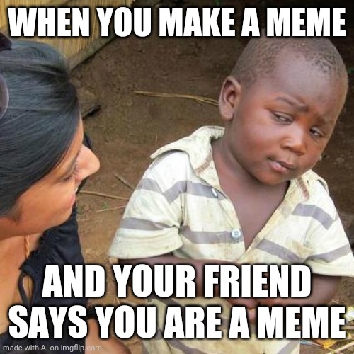 What ?? | WHEN YOU MAKE A MEME; AND YOUR FRIEND SAYS YOU ARE A MEME | image tagged in memes,third world skeptical kid | made w/ Imgflip meme maker