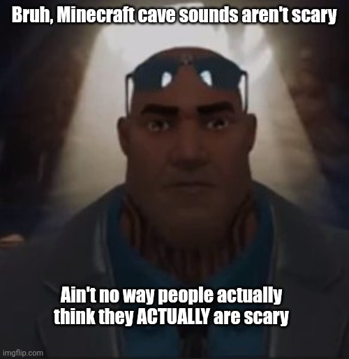 . | Bruh, Minecraft cave sounds aren't scary; Ain't no way people actually think they ACTUALLY are scary | image tagged in bro | made w/ Imgflip meme maker