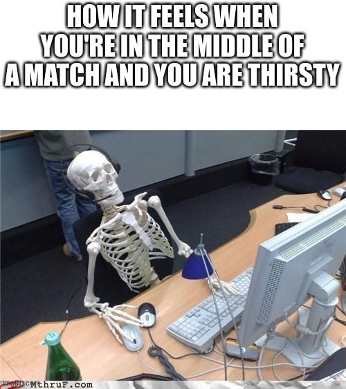 thorsty | HOW IT FEELS WHEN YOU'RE IN THE MIDDLE OF A MATCH AND YOU ARE THIRSTY | image tagged in skeleton computer | made w/ Imgflip meme maker