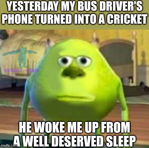 chirping phone alarm | YESTERDAY MY BUS DRIVER'S PHONE TURNED INTO A CRICKET; HE WOKE ME UP FROM A WELL DESERVED SLEEP | image tagged in monsters inc,phone,cricket,memes,funny,bus driver | made w/ Imgflip meme maker