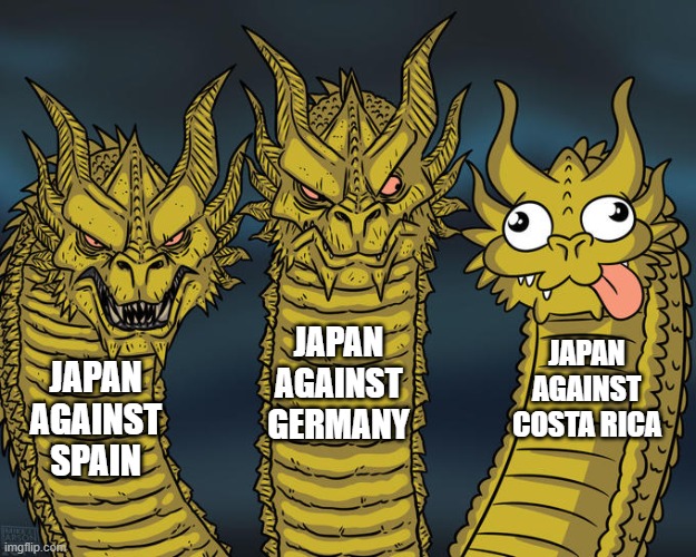 Despite the loss to Costa Rica, they still got first. | JAPAN AGAINST GERMANY; JAPAN AGAINST COSTA RICA; JAPAN AGAINST SPAIN | image tagged in three-headed dragon,world cup | made w/ Imgflip meme maker
