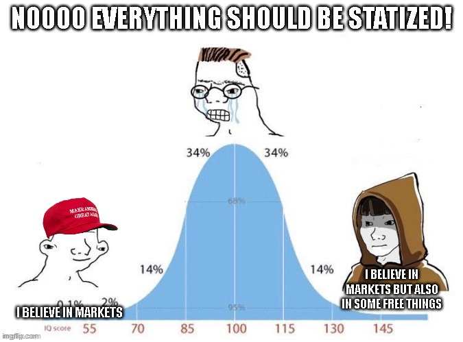 I'm Actually an SocDem,FUCK MLS | NOOOO EVERYTHING SHOULD BE STATIZED! I BELIEVE IN MARKETS BUT ALSO IN SOME FREE THINGS; I BELIEVE IN MARKETS | image tagged in bell curve | made w/ Imgflip meme maker