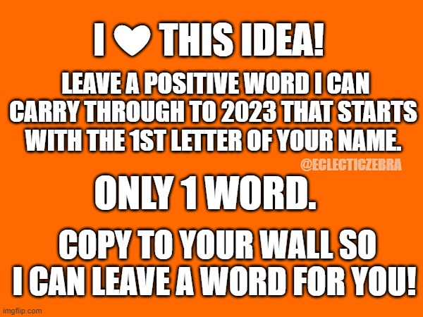 I ❤ THIS IDEA! LEAVE A POSITIVE WORD I CAN CARRY THROUGH TO 2023 THAT STARTS WITH THE 1ST LETTER OF YOUR NAME. @ECLECTICZEBRA; ONLY 1 WORD. COPY TO YOUR WALL SO I CAN LEAVE A WORD FOR YOU! | image tagged in positivity | made w/ Imgflip meme maker