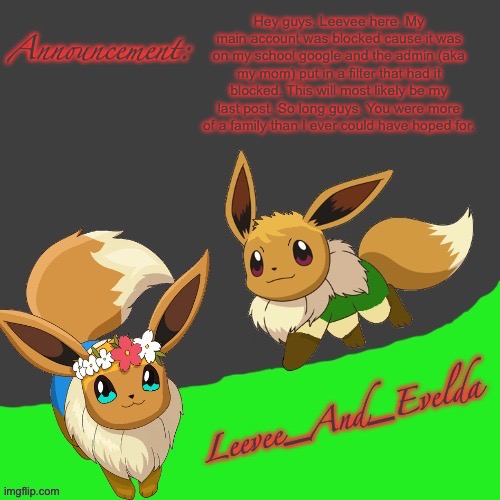 Leevee_And_Evelda temp | Hey guys. Leevee here. My main account was blocked cause it was on my school google and the admin (aka my mom) put in a filter that had it blocked. This will most likely be my last post. So long guys. You were more of a family than I ever could have hoped for. | image tagged in leevee_and_evelda temp | made w/ Imgflip meme maker