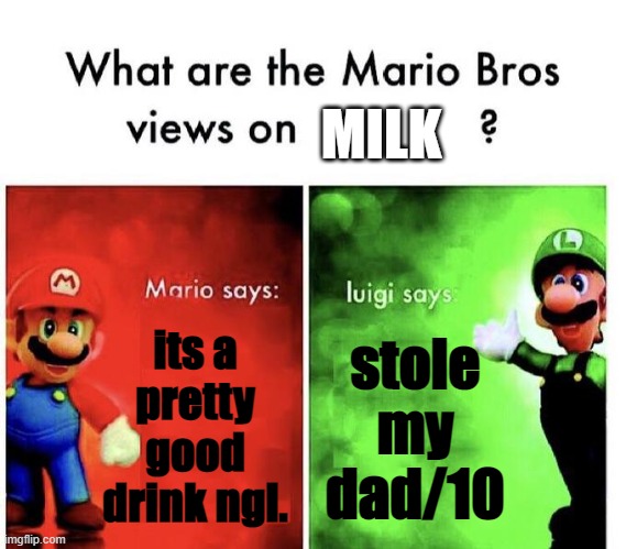Mario Bros Views | MILK; its a pretty good drink ngl. stole my dad/10 | image tagged in mario bros views | made w/ Imgflip meme maker