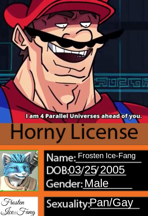 Frosten Ice-Fang 03 25 2005 Male Pan/Gay Frosten Ice-Fang | image tagged in i am 4 parallel universes ahead of you,horny license | made w/ Imgflip meme maker