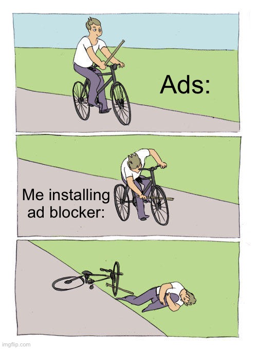 Adsssss | Ads:; Me installing ad blocker: | image tagged in memes,bike fall | made w/ Imgflip meme maker