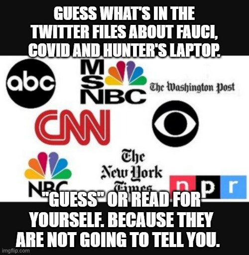 Media lies | GUESS WHAT'S IN THE TWITTER FILES ABOUT FAUCI, COVID AND HUNTER'S LAPTOP. "GUESS" OR READ FOR YOURSELF. BECAUSE THEY ARE NOT GOING TO TELL YOU. | image tagged in media lies | made w/ Imgflip meme maker