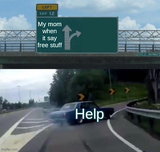 IM NOT WRONG | My mom when it say free stuff; Help | image tagged in memes,left exit 12 off ramp | made w/ Imgflip meme maker