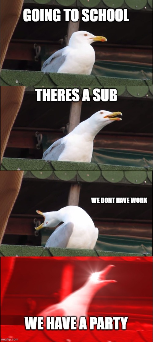 Inhaling Seagull | GOING TO SCHOOL; THERES A SUB; WE DONT HAVE WORK; WE HAVE A PARTY | image tagged in memes,inhaling seagull | made w/ Imgflip meme maker