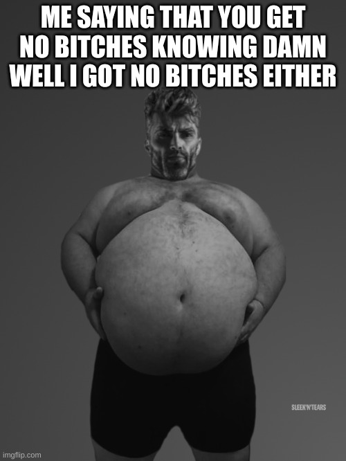 Not a Chad | ME SAYING THAT YOU GET NO BITCHES KNOWING DAMN WELL I GOT NO BITCHES EITHER | image tagged in fat giga chad,no bitches | made w/ Imgflip meme maker