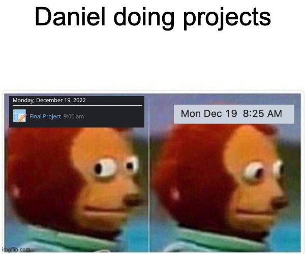 This is for a highschool project | Daniel doing projects | image tagged in memes,monkey puppet | made w/ Imgflip meme maker