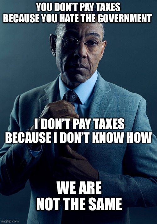 01001000 01100101 01101100 01101100 01101111 00100001 | YOU DON’T PAY TAXES BECAUSE YOU HATE THE GOVERNMENT; I DON’T PAY TAXES BECAUSE I DON’T KNOW HOW; WE ARE NOT THE SAME | image tagged in gus fring we are not the same,taxes,government,money,memes | made w/ Imgflip meme maker