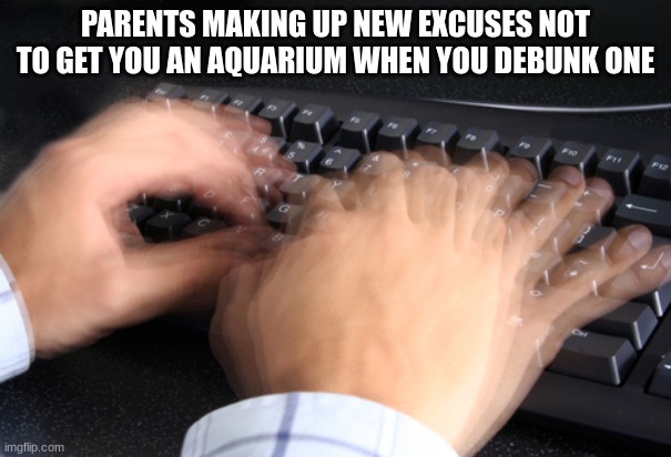 My parents excuses were: "they're dirty" "you don't have the responsibility" "They're too expensive" | PARENTS MAKING UP NEW EXCUSES NOT TO GET YOU AN AQUARIUM WHEN YOU DEBUNK ONE | image tagged in fast typing,aquarium | made w/ Imgflip meme maker