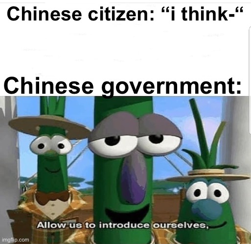 Allow us to introduce ourselves | Chinese citizen: “i think-“; Chinese government: | image tagged in allow us to introduce ourselves | made w/ Imgflip meme maker
