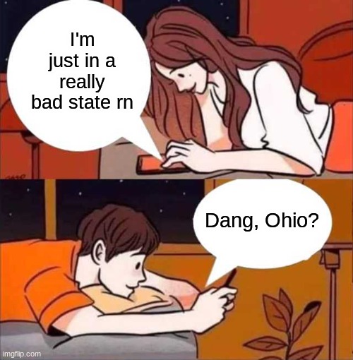 ohio? | I'm just in a really bad state rn; Dang, Ohio? | image tagged in boy and girl texting,funny,memes,memes-ohio | made w/ Imgflip meme maker