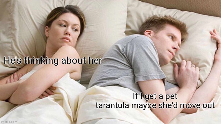 I Bet He's Thinking About Other Women | He's thinking about her; If I get a pet tarantula maybe she'd move out | image tagged in memes,i bet he's thinking about other women | made w/ Imgflip meme maker