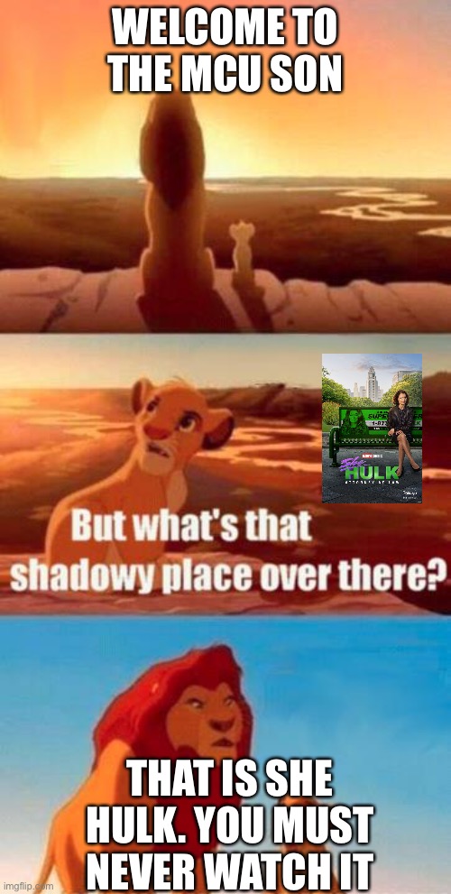 lion king light touches shadowy place kek | WELCOME TO THE MCU SON; THAT IS SHE HULK. YOU MUST NEVER WATCH IT | image tagged in lion king light touches shadowy place kek | made w/ Imgflip meme maker