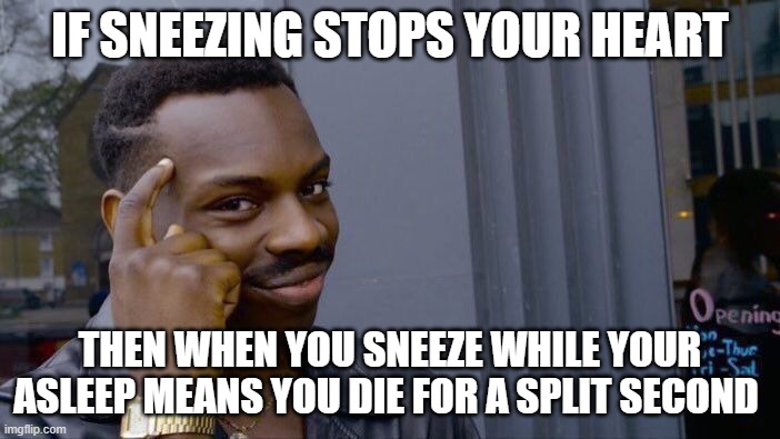 You can die and come back believe it or not | IF SNEEZING STOPS YOUR HEART; THEN WHEN YOU SNEEZE WHILE YOUR ASLEEP MEANS YOU DIE FOR A SPLIT SECOND | image tagged in memes,roll safe think about it,sneezing,dieing | made w/ Imgflip meme maker