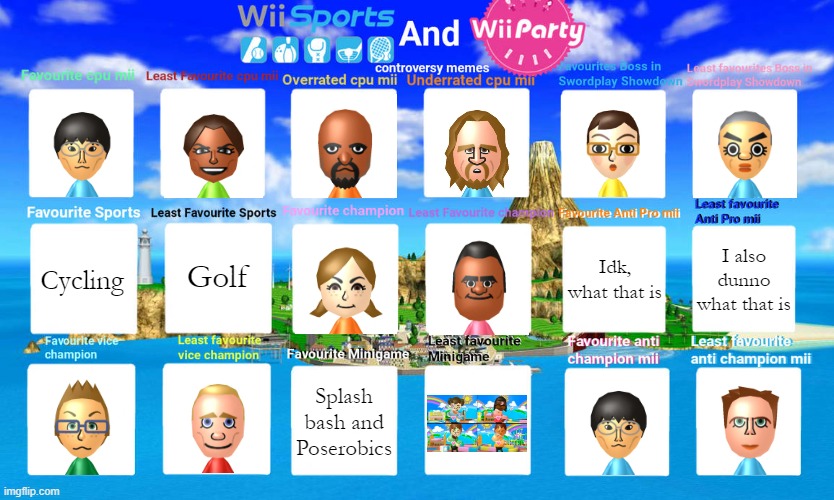 WS/WSR/WP controversy meme | I also dunno what that is; Idk, what that is; Cycling; Golf; Splash bash and Poserobics | image tagged in ws/wsr/wp controversy meme,wii sports,wii sports resort,wii party | made w/ Imgflip meme maker