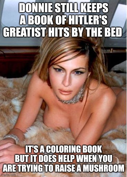 Illegal Alien Mushroom Farmer | DONNIE STILL KEEPS A BOOK OF HITLER'S GREATIST HITS BY THE BED; IT'S A COLORING BOOK BUT IT DOES HELP WHEN YOU ARE TRYING TO RAISE A MUSHROOM | image tagged in melania trump,farmer,perv,nazi | made w/ Imgflip meme maker