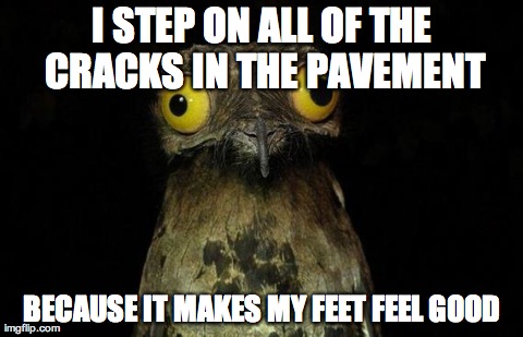 Weird Stuff I Do Potoo Meme | I STEP ON ALL OF THE CRACKS IN THE PAVEMENT BECAUSE IT MAKES MY FEET FEEL GOOD | image tagged in memes,weird stuff i do potoo | made w/ Imgflip meme maker