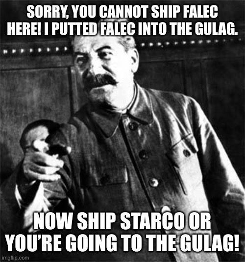 Stalin | SORRY, YOU CANNOT SHIP FALEC HERE! I PUTTED FALEC INTO THE GULAG. NOW SHIP STARCO OR YOU’RE GOING TO THE GULAG! | image tagged in stalin,memes,joseph stalin,gulag,starco,falec sucks | made w/ Imgflip meme maker